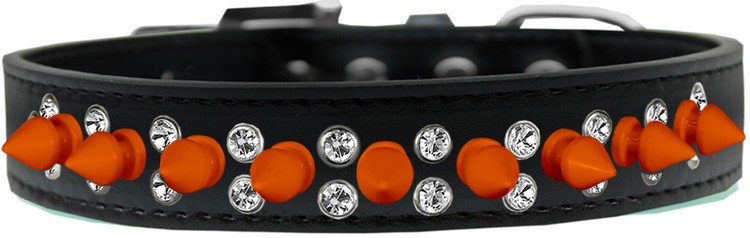 Double Crystal and Neon Orange Spikes Dog Collar Black Size 16